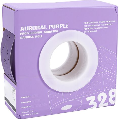 Rotolo di carta vetrata ceramica viola, grana 320, 70 mm x 12 m, multiforata, continua, per levigare legno e metallo nelle automobili. (1/5)