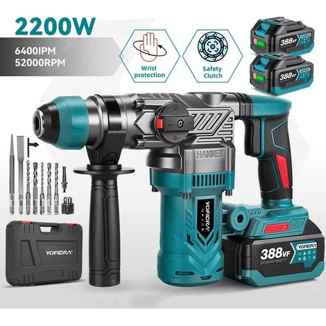 Marteau perforateur rotatif sans fil 26mm SDS Plus Brushless compatible Makita 18V – perceuse à percussion 3 fonctions pour béton, 2 batteries + 10 accessoires inclus (1/5)