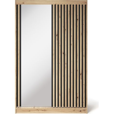 Les Tendances – Armoire adulte MERIKO 120cm – 2 portes coulissantes – Miroir toute hauteur – Finition chêne artisan – Dimensions L 120 x H 204 x P 60 cm (1/5)