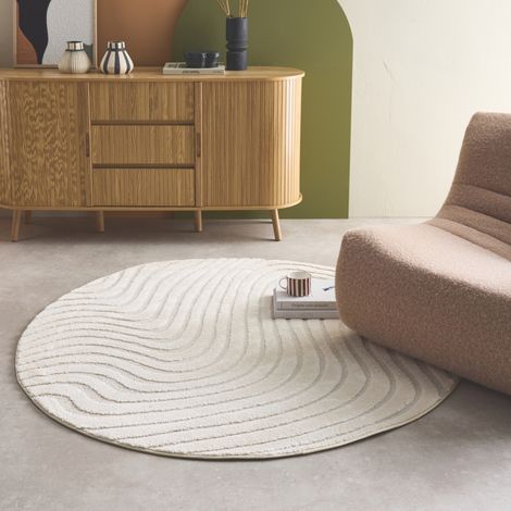 Tapis rond intérieur motifs ondulations en relief crème Ø160cm