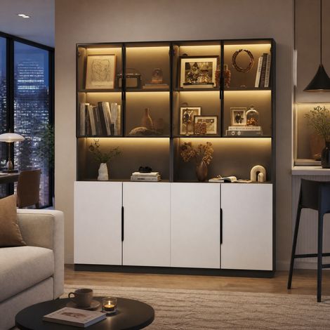 Vitrine haute 80x30x200 cm en bois blanc et noir avec LED, pour salon, rangement intégré – MEUBLIV (1/5)
