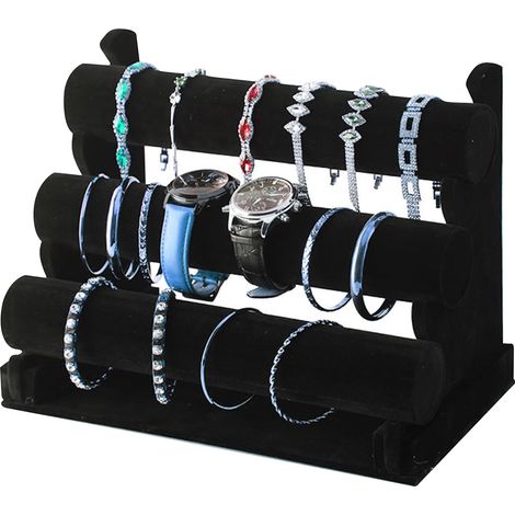 Présentoir à Bracelets en Velours Noir - Présentoir à Bijoux avec 3 Étages Amovibles - Porte Bracelet pour Montres Bracelets Colliers Noir (1/5)