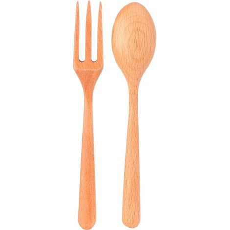 Fourchette Et Cuillère En Bois De Hêtre - Ustensiles Cuisine Résistants Chaleur - Pour Maison Restaurant Bureau - 2 Pièces (1/5)