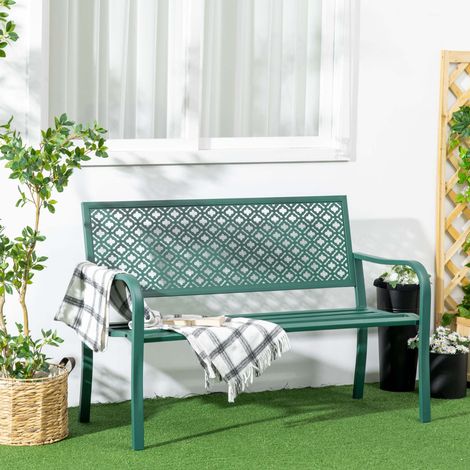 Banc de jardin 2 places en métal 127x63x83 cm, banquette extérieure avec dossier et accoudoirs, structure acier résistante, charge 240 kg, vert foncé (1/5)