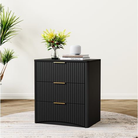 Table de chevet 58x38x64 cm noire en MDF avec 3 tiroirs et poignées métalliques dorées (1/5)