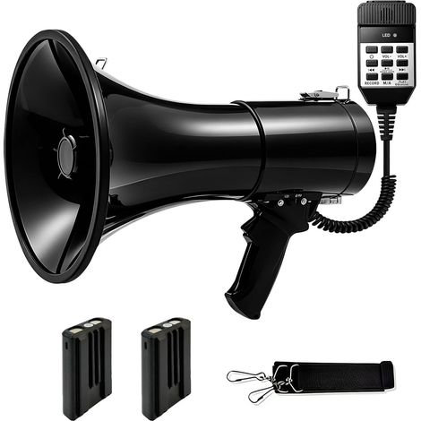 Mégaphone 100 W avec Bluetooth et fonction d'enregistrement, triple alimentation avec 2 batteries supplémentaires, portée de 2000 m, avec sirène, microphone à main externe, lecture USB (1/5)