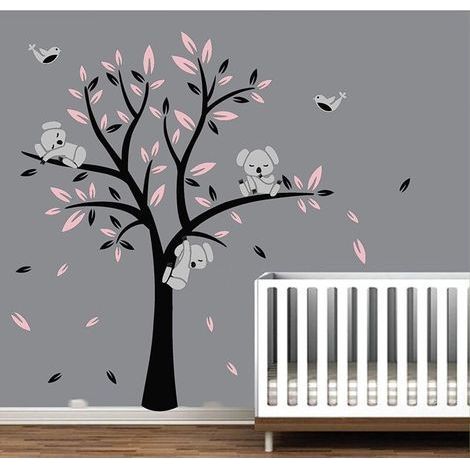 pair Koala Arbre Enfant Arbres en pépinière mur autocollants pour bébé mignon oiseaux koalas mur art Décoration de Chambre Bébé (Black,Pink)-Fei Yu (1/5)