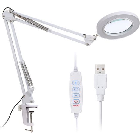Loupe grossissante, avec pince LED, grossissement 8X, lampe de bureau USB à intensité variable, avec support flexible pliable, Blanc