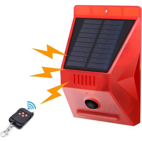 Lampe Solaire stroboscopique avec détecteur de Mouvement IP65 étanche LED détecteur de Alarme Solaire avec télécommande, 129db Sound Security sirène étanche pour la Maison, Ferme, Villa (1/5)
