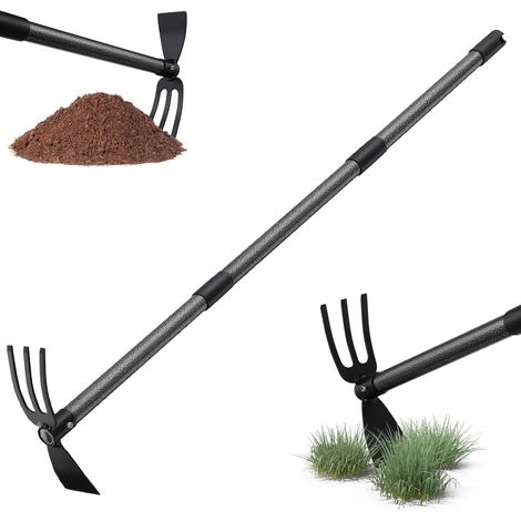 Binette de jardin avec manche de 116 cm, double binette multifonction avec 3 dents en métal, râteau de mauvaises herbes - Accessoire de jardin pour ameublir, aérer et désherber le sol (1/5)