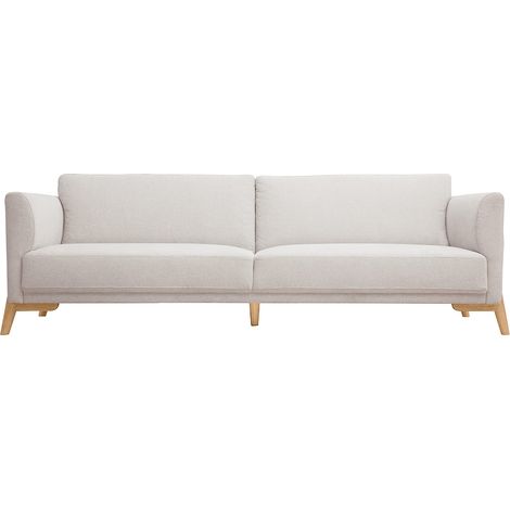 Divano scandinavo 4 posti in tessuto effetto velluto testurizzato beige e legno chiaro SINDRO