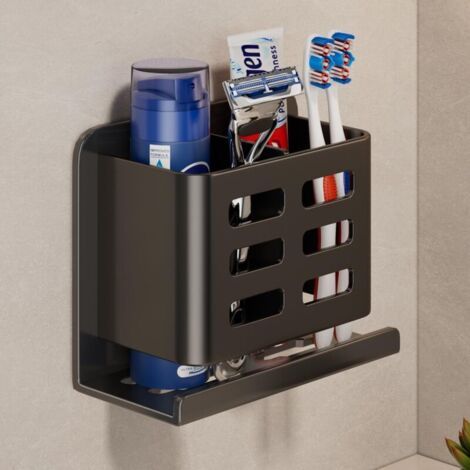 Porte-Brosse à Dents Mural Noir, Support de Rangement pour Rasoir de Douche en Aluminium, Aucun perçage requis, Support de Rangement Amovible pour Dentifrice (1/5)
