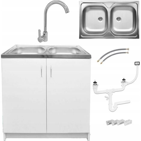 Meuble de cuisine 80x50 - Blanc - Évier 2 bacs - Robinet haut - Pratique et élégant