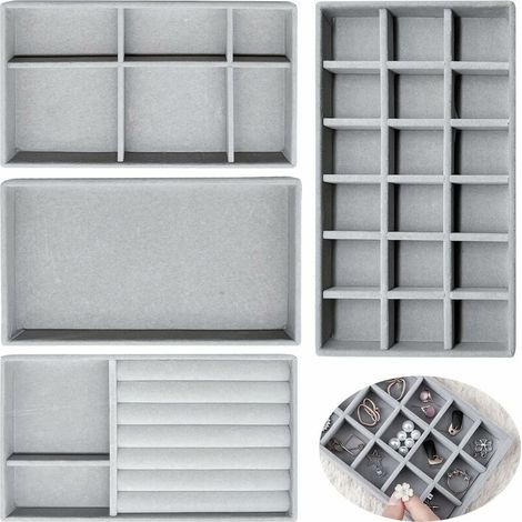 Lot de 4 Organisateur Bijoux,Rangement Bijoux,Rangement Bijoux Tiroir,Plateau Bijoux Velours,Plateau Bijoux,Pour Ranger et Présenter Des Boucles D'oreilles, Des colliers, Des Bagues (1/5)