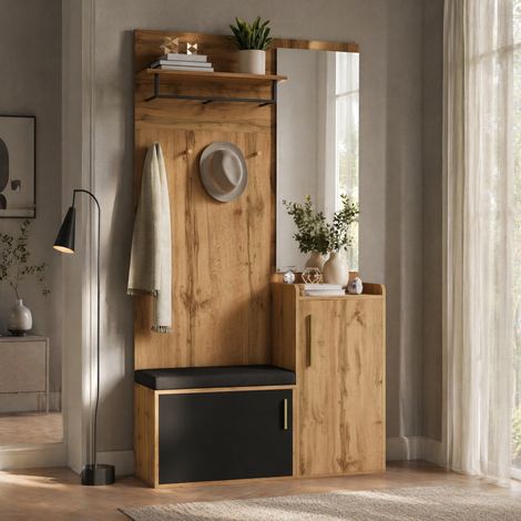 Guardaroba compatta con specchio e panca 100x38x185 cm, porta scarpe e appendiabiti, chiusura soft-close, truciolare, nero naturale (1/5)