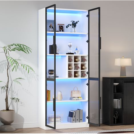 Vetrina 80x35x200 cm bianca in truciolare con vetro e LED, 5 ripiani, portabottiglie e ante in vetro (1/5)