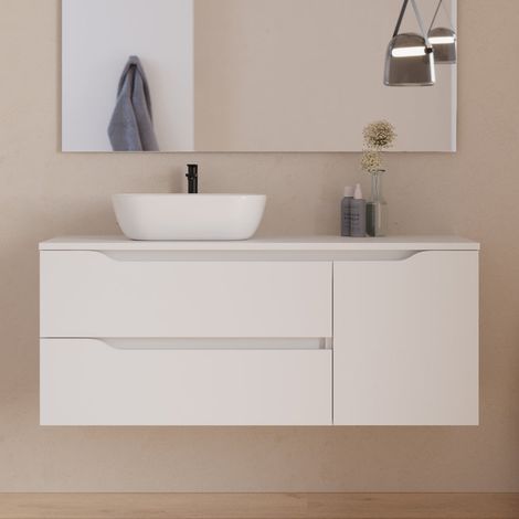 Meuble de salle de bain 120cm avec plateau et vasque à poser déportée à gauche Zeus - sans miroir - 2 tiroirs et un placard - blanc - ZARZA