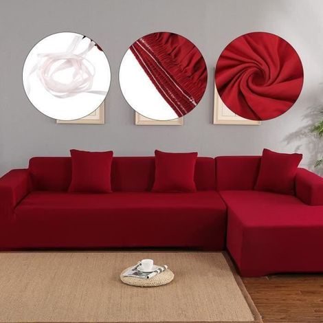 Housse de canapé Rouge 3 +2 places en L d\'angle de en polyester protection pour douce luxueuse (1/4)