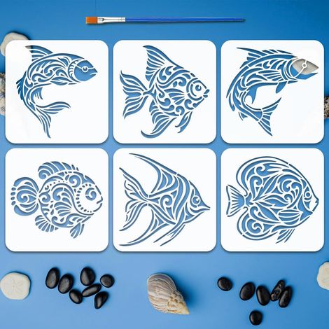 6Pcs Pochoirs Peinture Poisson à Motifs Avec Pinceau 20x20cm Modèles de Dessin Motif Poisson Marin Réutilisables Modèle Thème Animal pour Décoration Mur Sol (1/5)