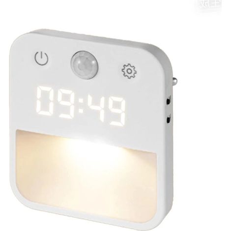 Veilleuse LED avec prise, détecteur de mouvement et horloge, 3 températures de couleur, intensité réglable, pour cages d'escalier, chambres et couloirs. (1/4)