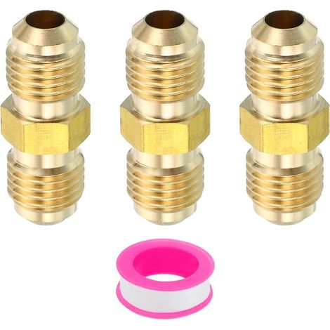 Connecteur Évasé Mâle 1/4" x 1/4" Mâle, 3 Pcs SAE 45 Degrés Adaptateur en Laiton Évasé Union Coupleur de Tube Raccord de Tuyau Évasé pour Conduite de Gaz d'Air Réfrigération CVC (1/5)