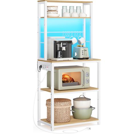 Étagère de Cuisine avec LED, Meuble de Cuisine avec Multiprise, Support pour Micro-Ondes avec Étagères Réglables, 8 Crochets, 40 x 60 x 168,4 cm, Doré Chêne et Blanc Mat (1/5)