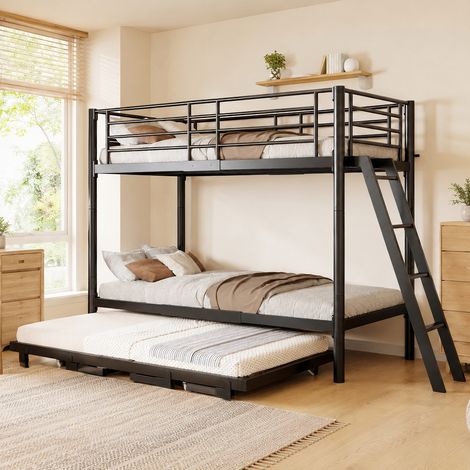 Lit superposé 3 places 90x200 cm, lit enfant avec lit gigogne, couchage extensible 180x200 cm, solution gain de place en métal Noir (1/5)