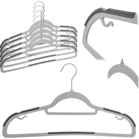 5 cintres antidérapants gris, surface floquée, sans pinces et avec pinces, pour chemises et pantalons, rangement optimisé dans la penderie