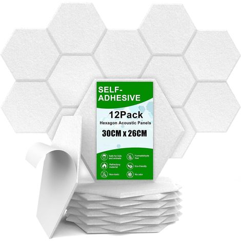 12 Pieces Self-Adhesive Acoustic Panels, 30CM x 26CM Hexagonal Soundproof Panels High Density Acoustic Absorption Panels for Home Offices Recording Studios (White) (1/5)