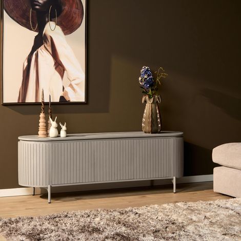 Meuble TV bois gris rainuré ovale 3 portes CALERO