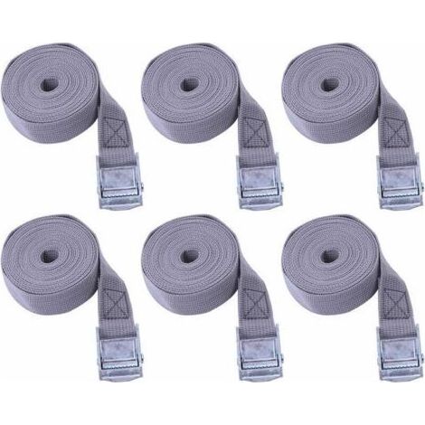 Sangle a cliquet Lot de 6, Sangle Bagage polypropylène, Sangles d'arrimage, Utilisé pour Voiture, Moto, Kayak, reglable, Frottement résistant à l'usure, Pas Facile à corroder (Gris, 25mmX2m) (1/4)