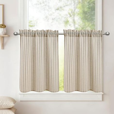 Curtains Linen Look Taupe Striped Kitchen Short Curtains Curtains H45 x W60 cm Semi-Transparent Curtains for Bistro Curtains Country Home Cupboard Curtains (1/5)