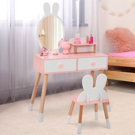 Coiffeuse Enfant Table de maquillage avec Chaise en Forme de Lapin et 2 Tiroirs Blanc CW19389 (1/3)