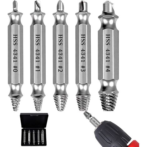 Lot de 5 extracteurs de vis M3-M18 - Extracteur de vis endommagées - Tournevis à gauche avec tige hexagonale - Pour visseuse sans fil et perceuses - Gris