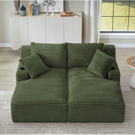 Canapé-lit double méridienne en velours côtelé vert, porte-gobelets, pour salon – MEUBLIV (1/5)