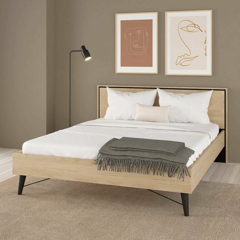 Dmora - Cama doble Roberte, Sommier para dormitorio, Estructura de cama por habitación, Estructura del sostenedor del colchón, 207x173 h91 cm, Roble claro (1/5)