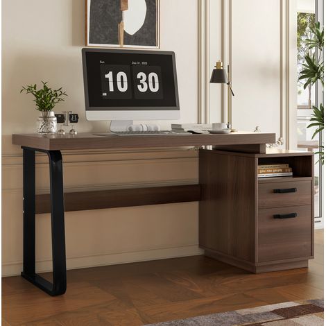 Schreibtisch aus MDF und Metall Braun 135 x 54 cm mit geräuschloser Schublade und Ablagefach (1/5)