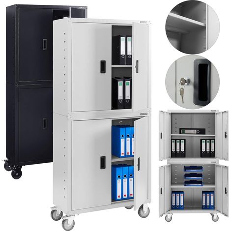 Arebos – Armoire de classement verrouillable 180x90x40 cm – Acier thermolaqué gris – 2 portes battantes – 4 roulettes avec frein (1/5)