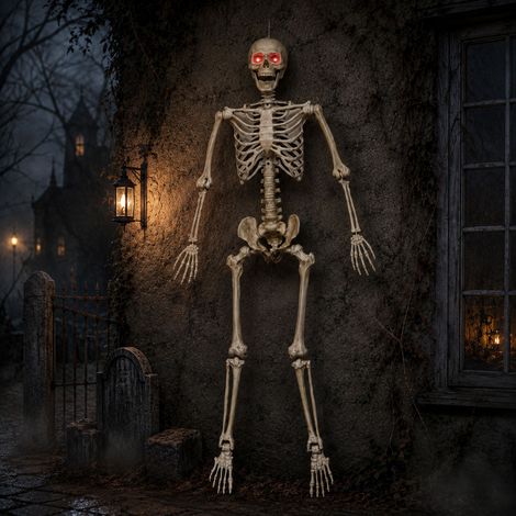 5ft (1.5m) Battery Powered Light up Halloween Skeleton with Poseable Joints & Red LEDs (1/5)