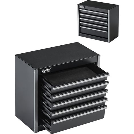 Boîte à Outils Métal, 218 mm, Caisse à Outils Acier Portable avec 5 Tiroirs, Petit Coffre Outillage, Doublure EVA, Patins PP, Ouverture à Roulement à Billes, Finition Revêtement en Poudre, Noir (1/5)