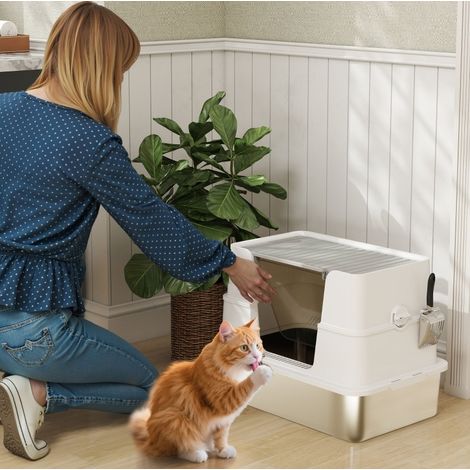 Geschlossene XL-Katzentoilette aus Edelstahl mit Doppelzugang, Schaufel, hellgrau (1/3)