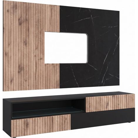 Ensemble meuble TV mural Cannes 1 avec vitrine - Bois MDF noir et chêne Viking et effet marbre noir - 160 x 120 x 45 cm - Livraison gratuite (1/5)
