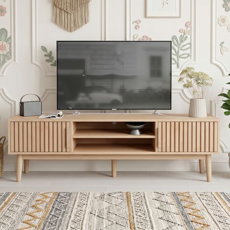 Meuble TV 150 cm Bois Naturel - 2 Portes et Niches Ouvertes, Pieds en Bois Massif - Meuble TV moderne pour salon et chambre