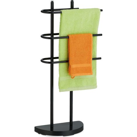 Relaxdays Handtuchständer, 3 Stangen, Metall, HxBxT 83 x 39 x 18 cm, Kleiderablage stehend, Duschtuchhalter Bad, schwarz