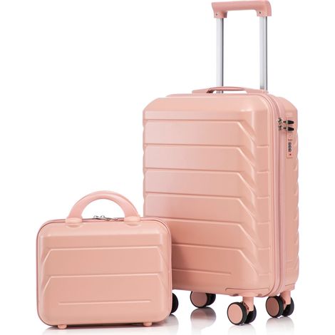 Valises à roulettes ABS 14"/19" avec serrure à combinaison + trousse de toilette 14" rose - Lot de 2
