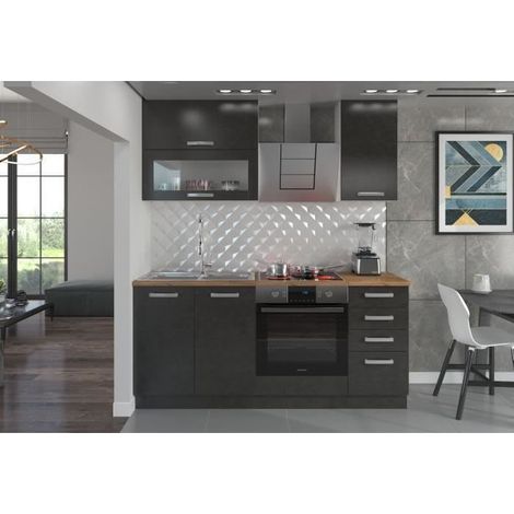 Cuisine complète 180 cm avec meuble four – 6 éléments – Panneaux mélaminés – Coloris gris béton – Résistante et durable (1/7)