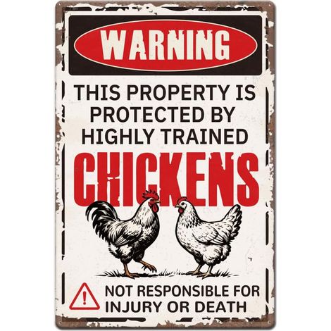 Plaque Metal Vintage Comique de Poulailler en Tôle Avertissement Propriété Protégée par des Poulets Art Mural Plaque Metal Decorative Pré percé pour Maisons Fermes Jardins Clôtures 30x20cm (1/5)