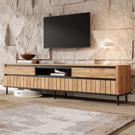 Mobile TV 180x40x52cm, mobile basso per TV, mobile TV con 2 cassetti e 2 ante a battente, 6 piedini in metallo, portata fino a 30kg, mobile TV moderno per soggiorno, centro di intrattenimento per TV d (1/5)