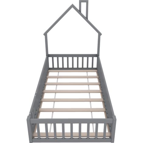 Kinder-Hausbett 90 x 200 cm mit Schornstein-Dach, Kiefer und MDF, grau, mit Lattenrost (1/5)