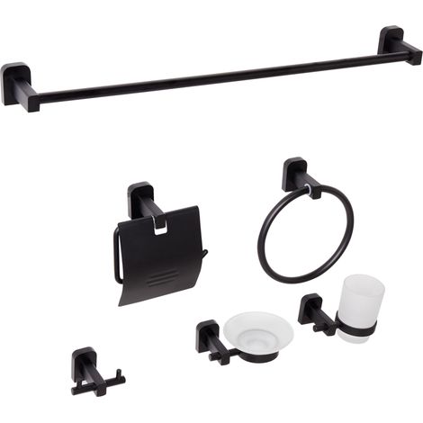 Conjunto de 6 accesorios de baño estilo elegante de aluminio con vaso y jabonera negro Pocone